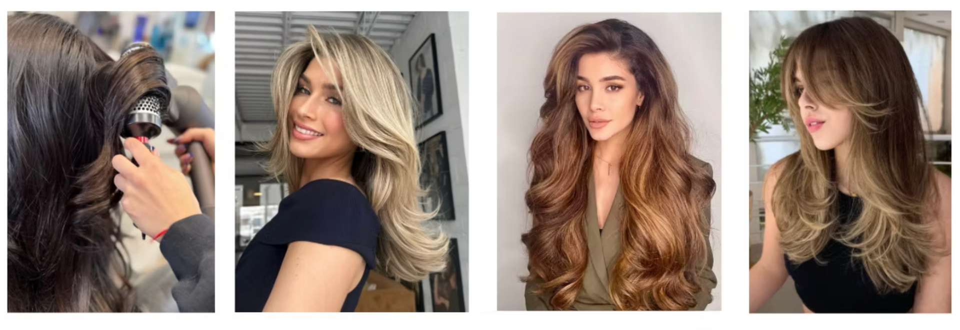 A collage of four pictures of women with long hair.
