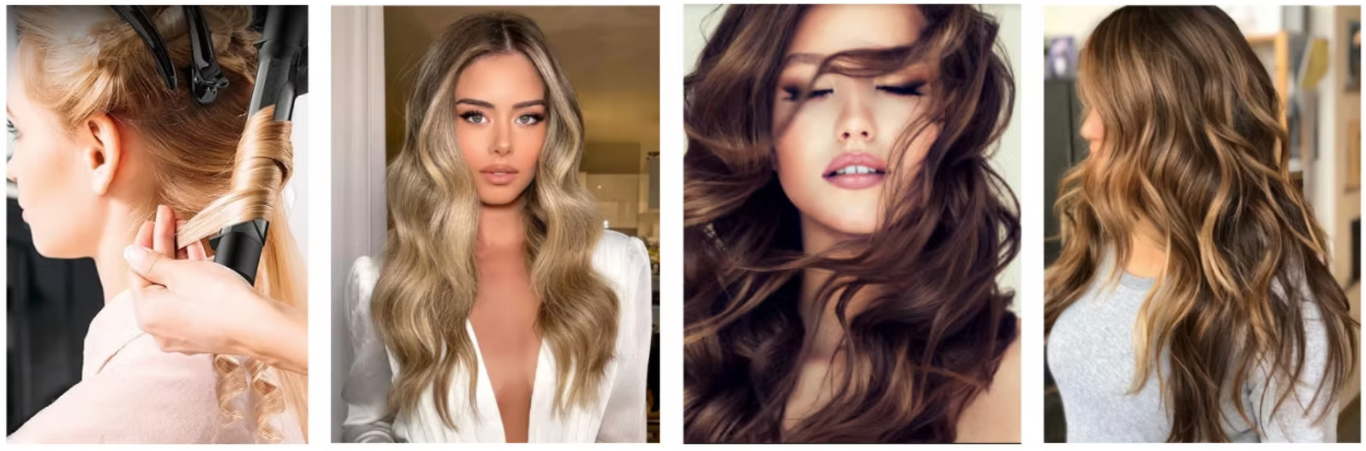 A collage of four pictures of women with long hair.