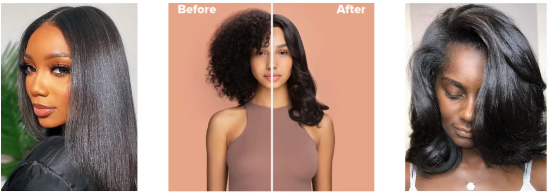 A collage of three pictures of a woman 's hair before and after being straightened.