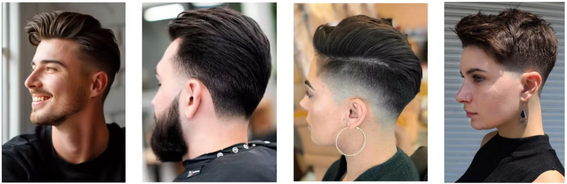 A collage of four different hairstyles for men and women.