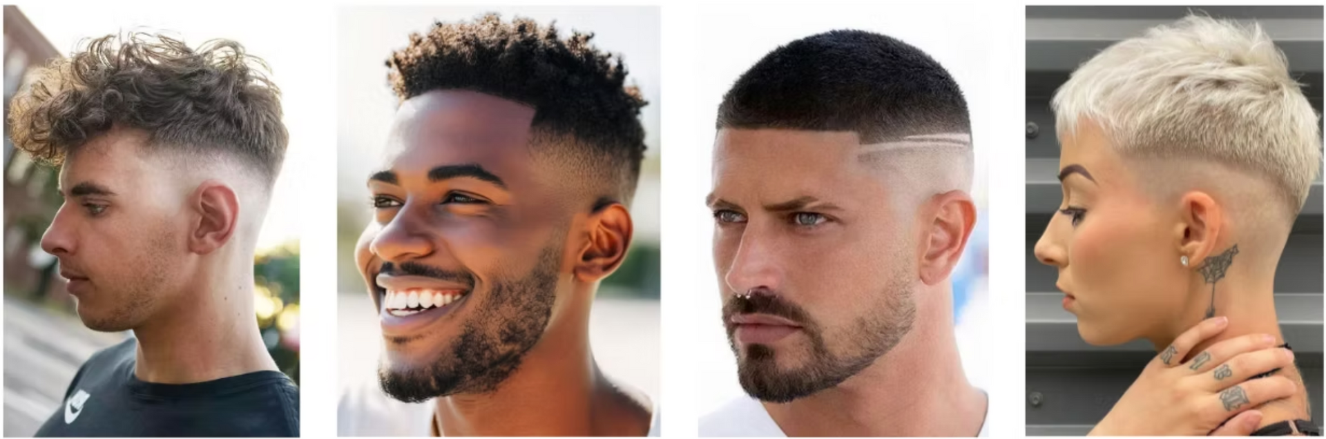 A collage of four different hairstyles for men and women.