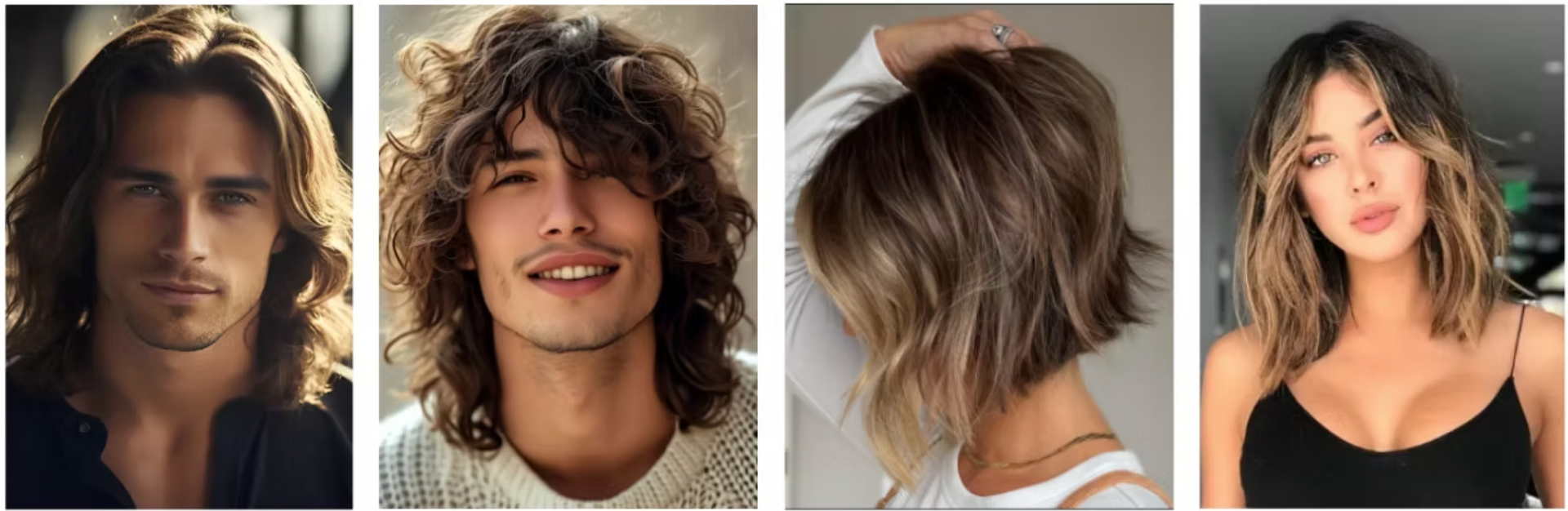 A collage of four pictures of men and women with long hair.