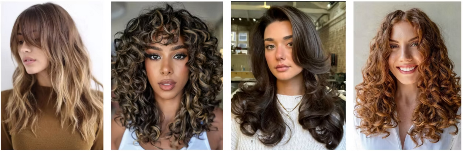 A collage of four pictures of women with curly hair.
