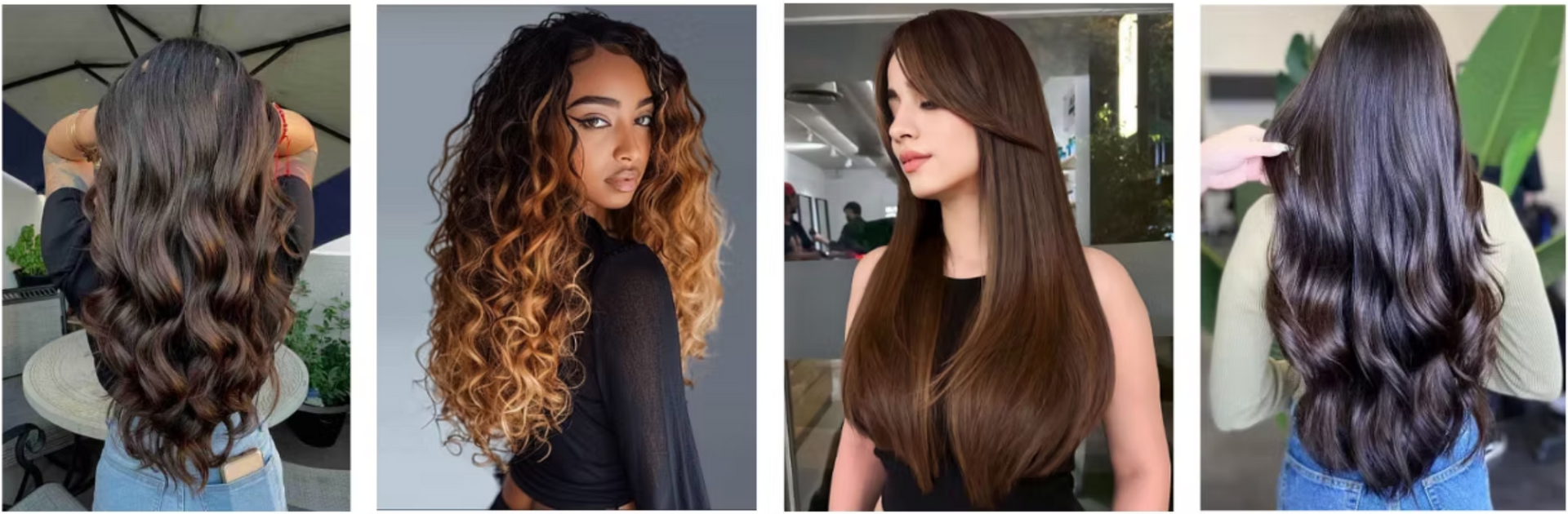 A collage of four pictures of women with long hair.