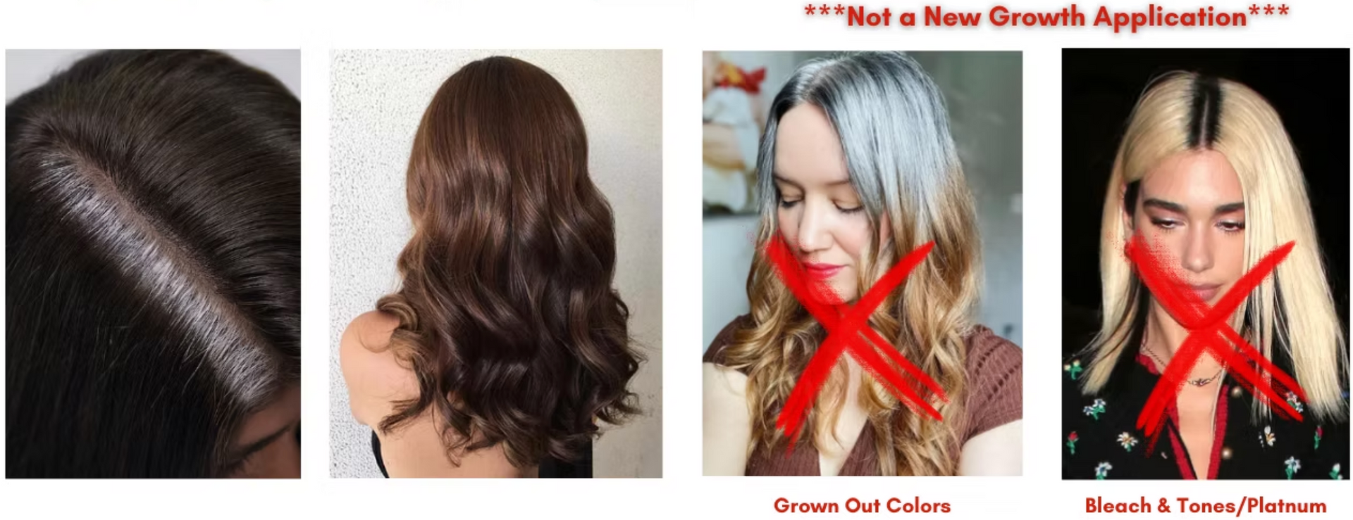 A collage of four pictures of women 's hair with red crosses over them.
