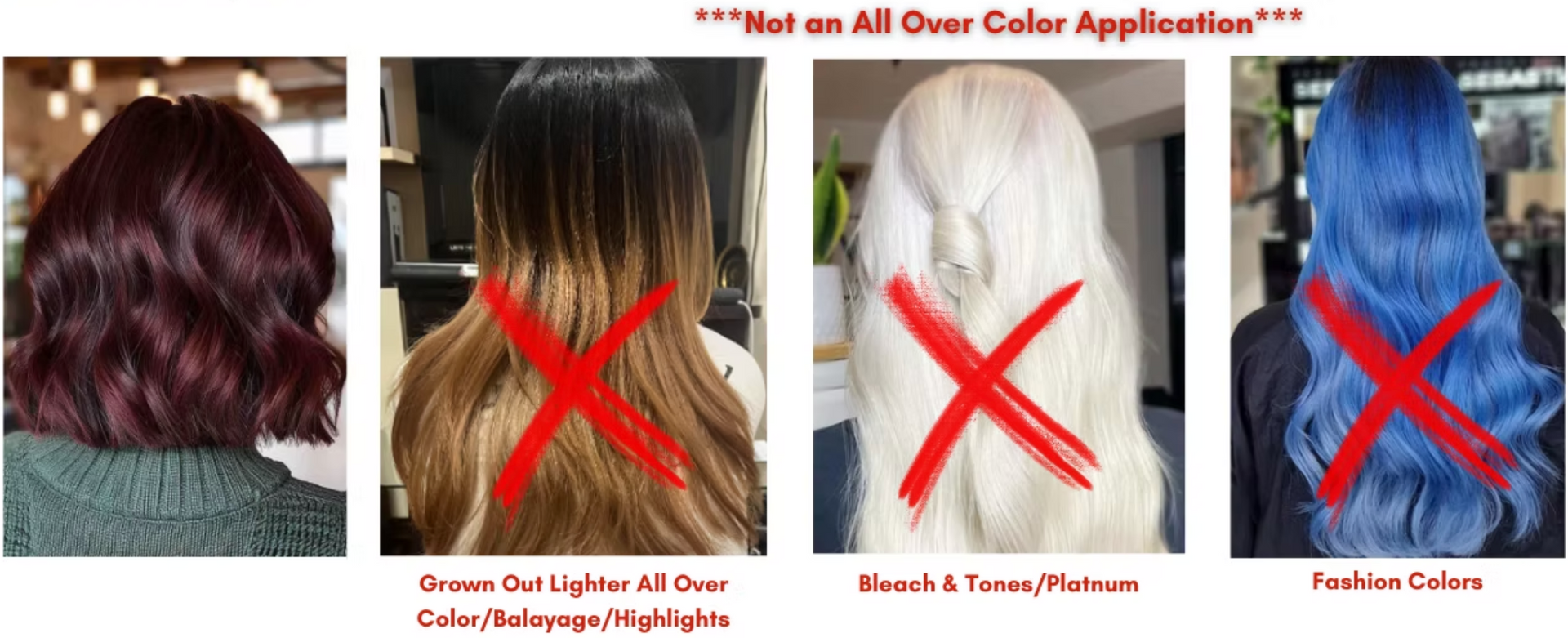 A collage of four pictures of women 's hair with red crosses.