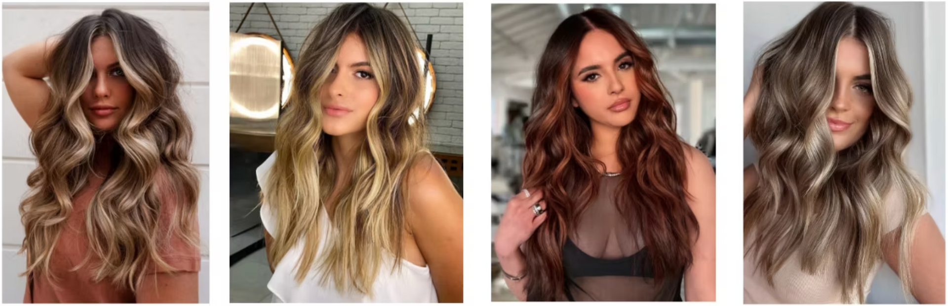 A collage of four pictures of women with long hair.