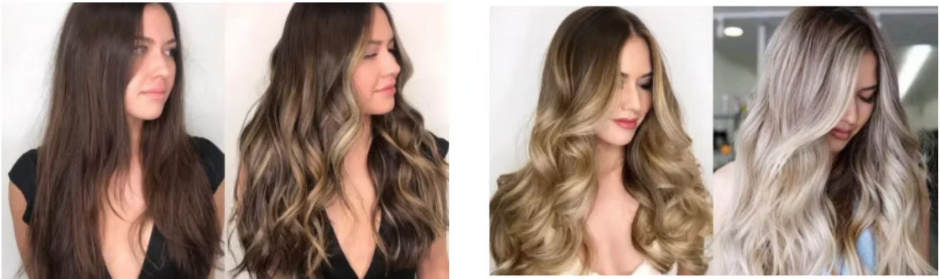 A collage of four pictures of women with long hair.