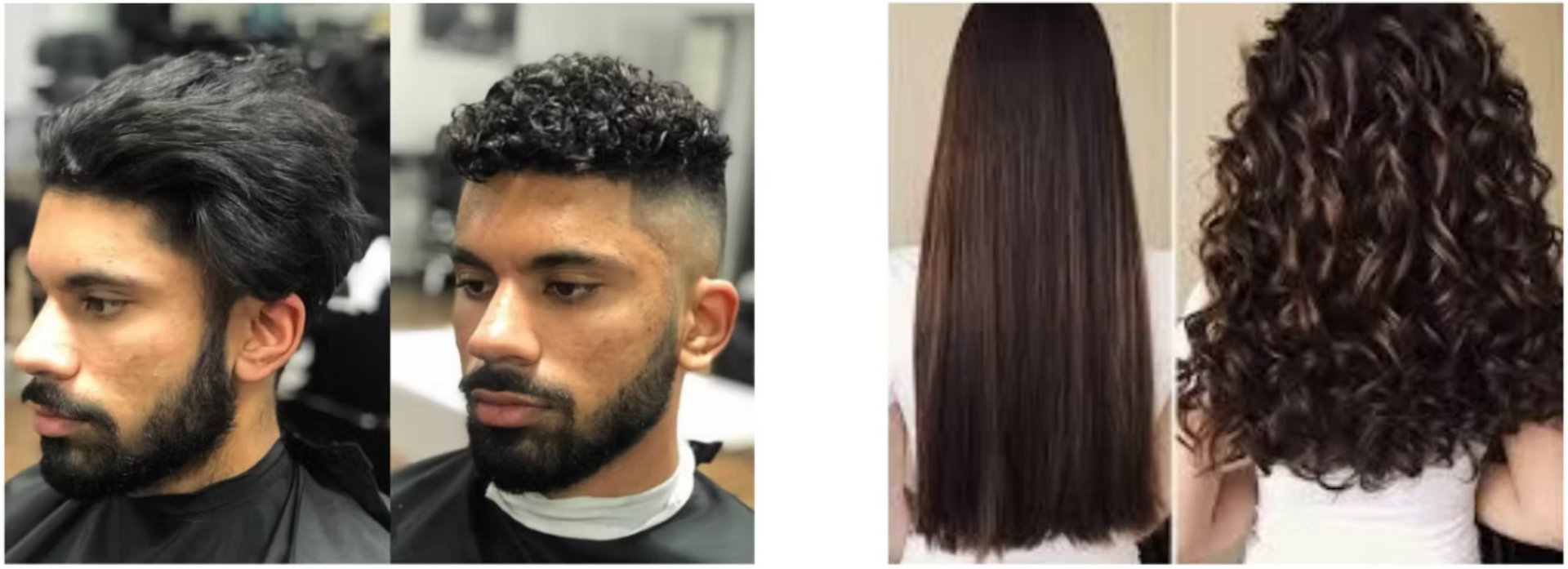 A man with a beard is getting his hair cut in a salon.