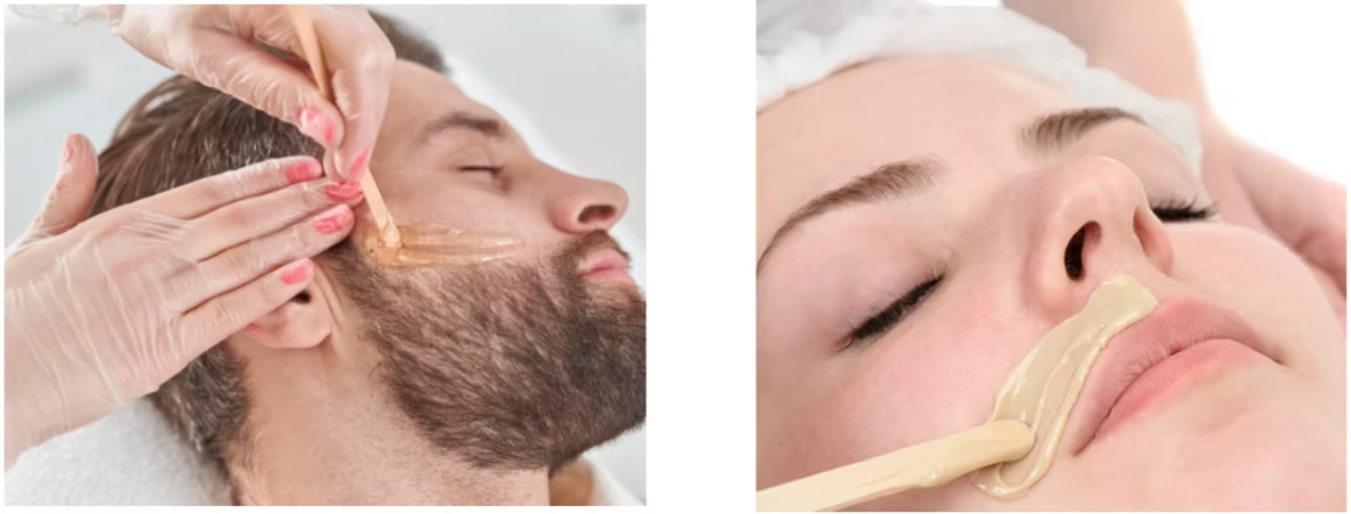 A man is getting his beard waxed and a woman is getting her face waxed.