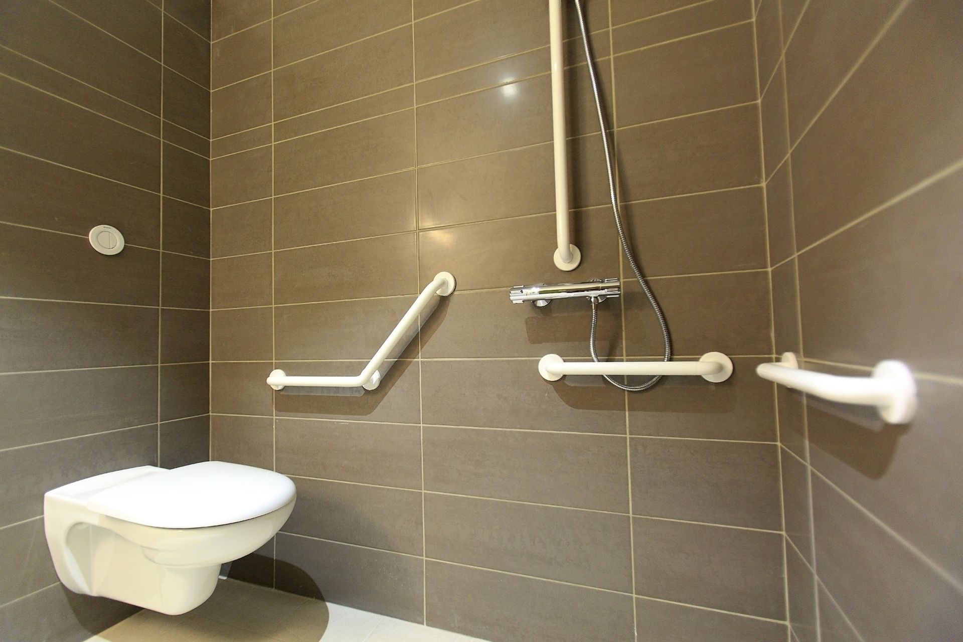 a bathroom with a toilet , shower and handrails