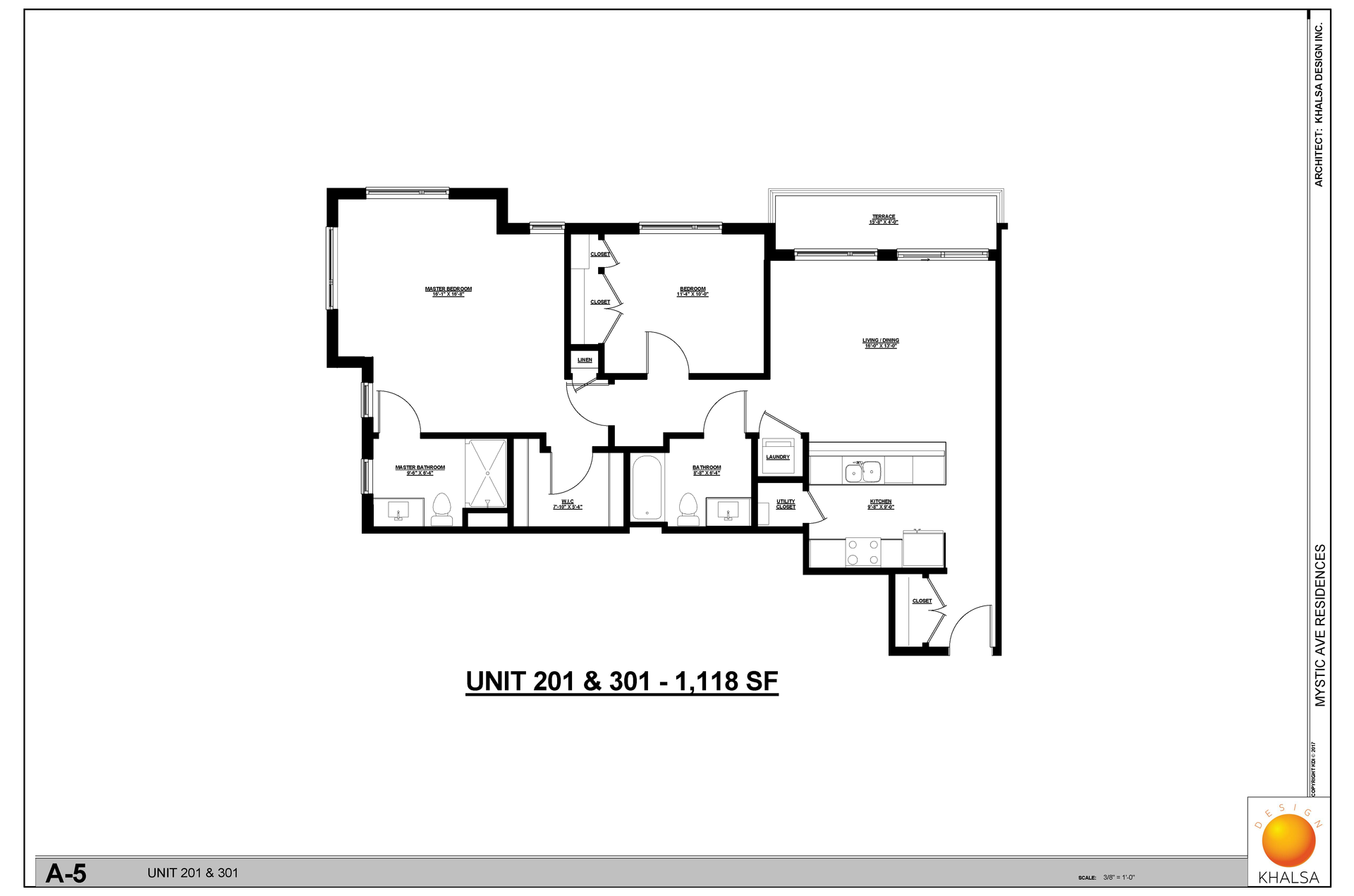 Floor plan of a unit with multiple rooms, including living and bedroom areas. Unit number 301 A & 301 B, 1,115 SF.