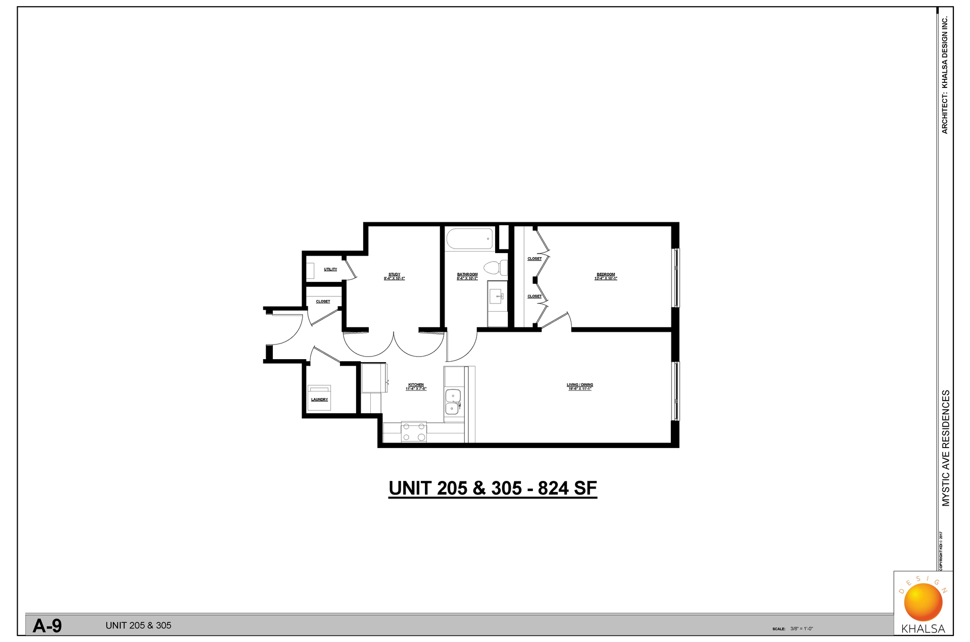 Floor plan: 1 Bed · 1 Bath · w/ Den
Unit 205 & 305 - 824 SF