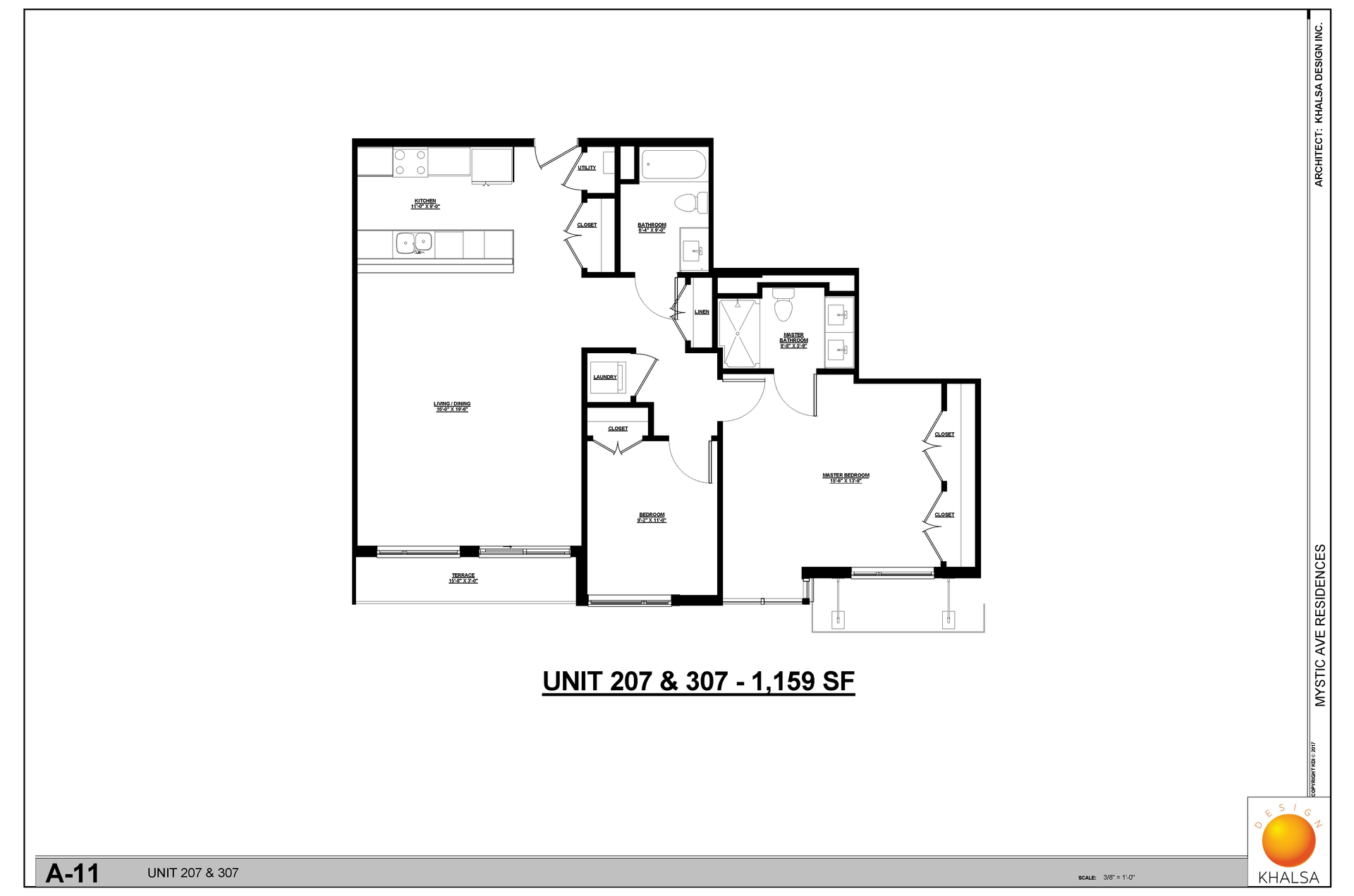 Floor plan for Unit 203, 2BR & 2BT, 1,188 SF. Features rooms and dimensions.