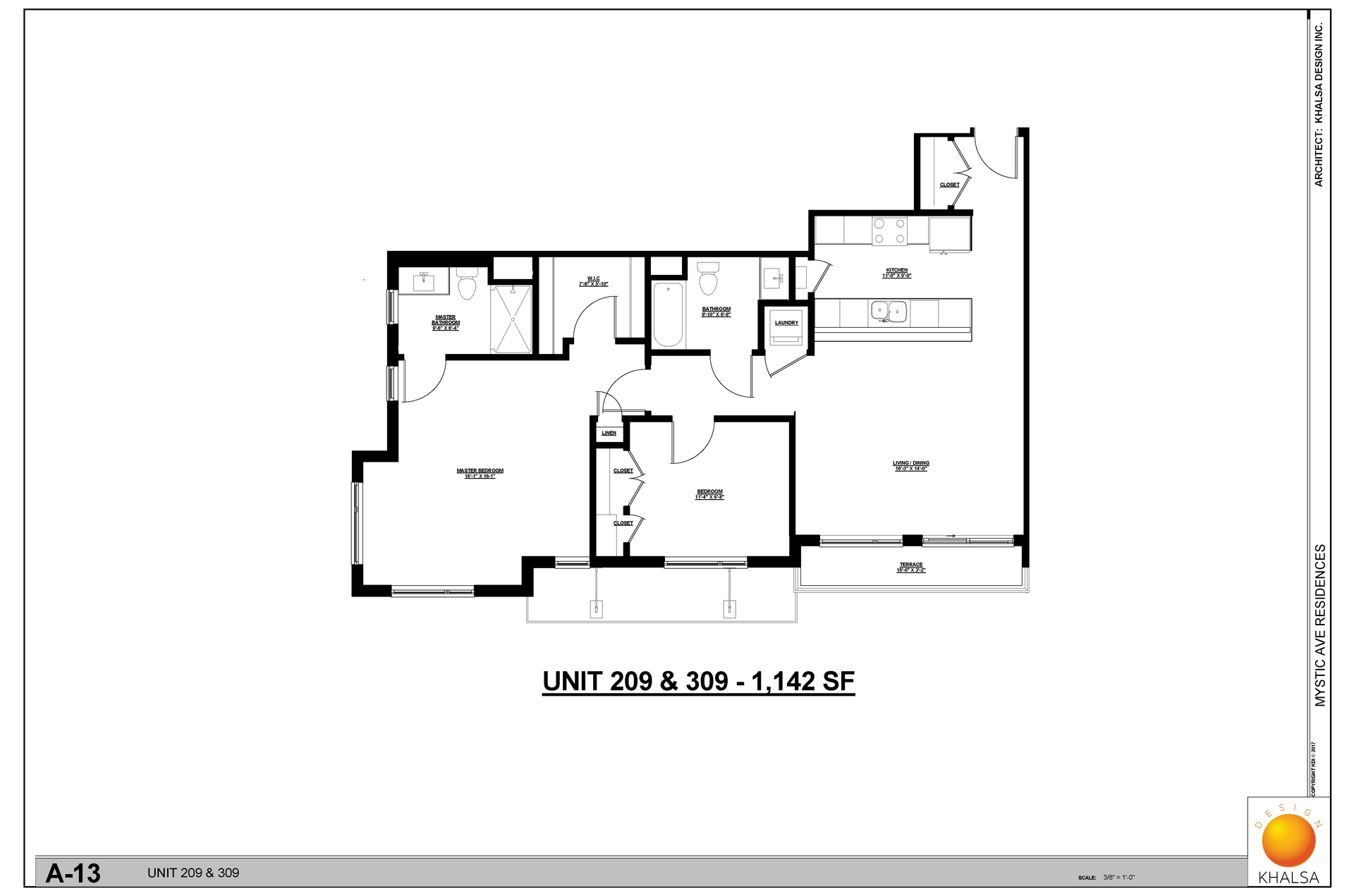 Floor plan: 2 Bed · 2 Bath
Unit 209 & 309, 1,142 SF. 