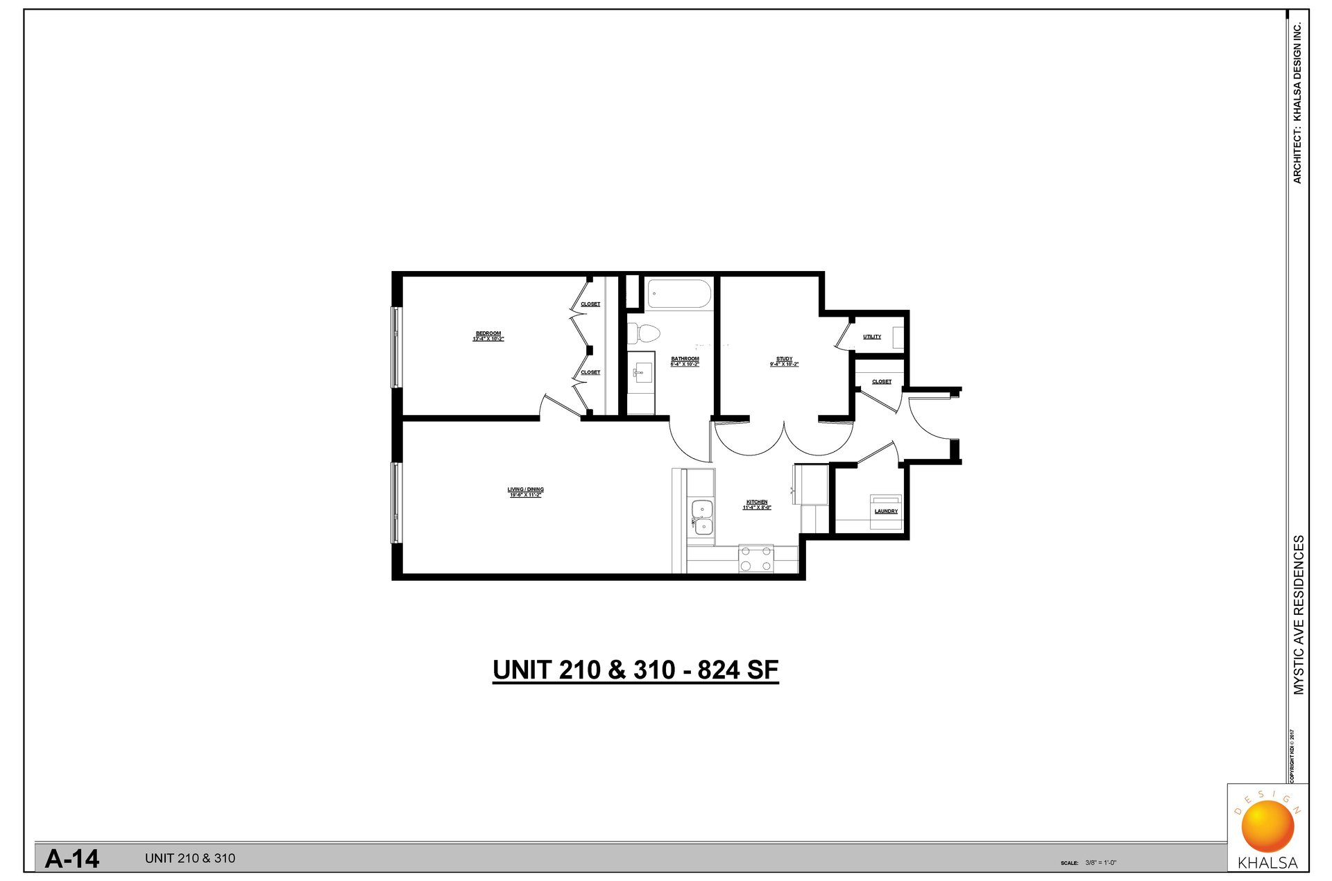 Floor plan: 1 Bed · 1 Bath · w/ Den
Unit 210 & 310 - 824 SF