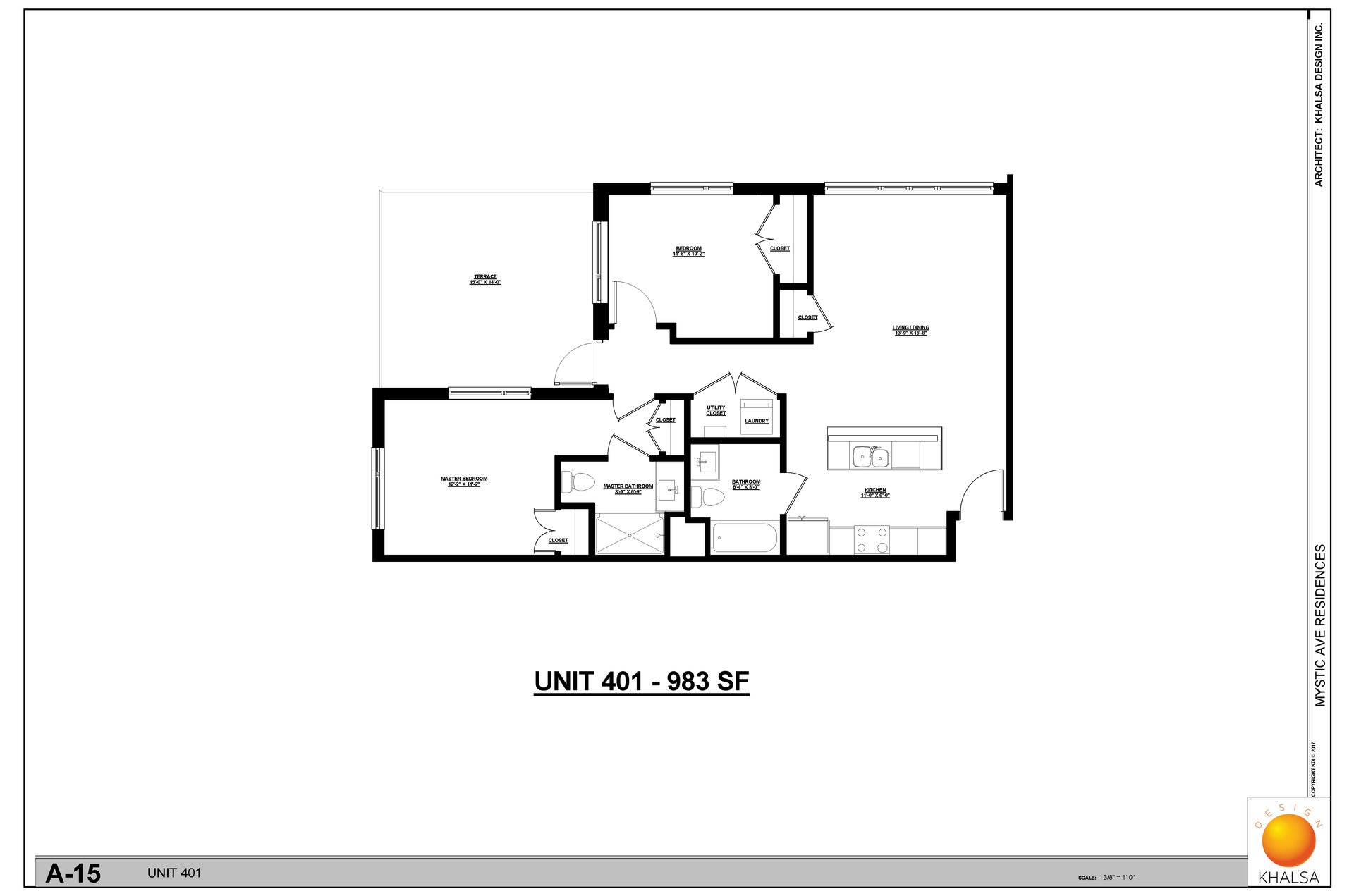 Floor plan: 2 Bed · 2 Bath
Unit 401 - 983 SF