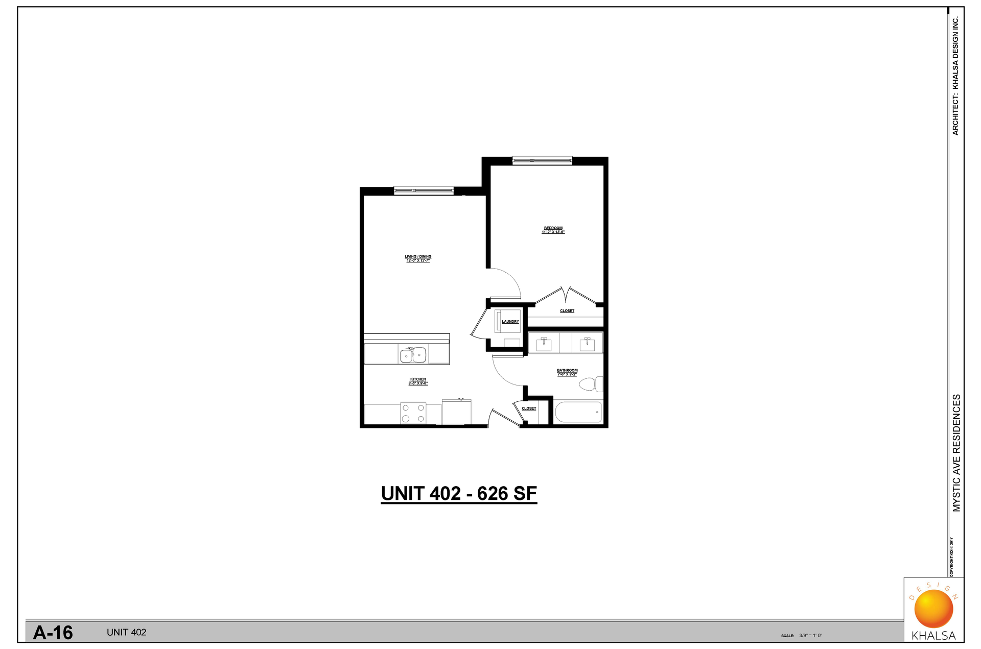Floor plan: 1 Bed · 1 Bath 
Unit 402 - 626 SF