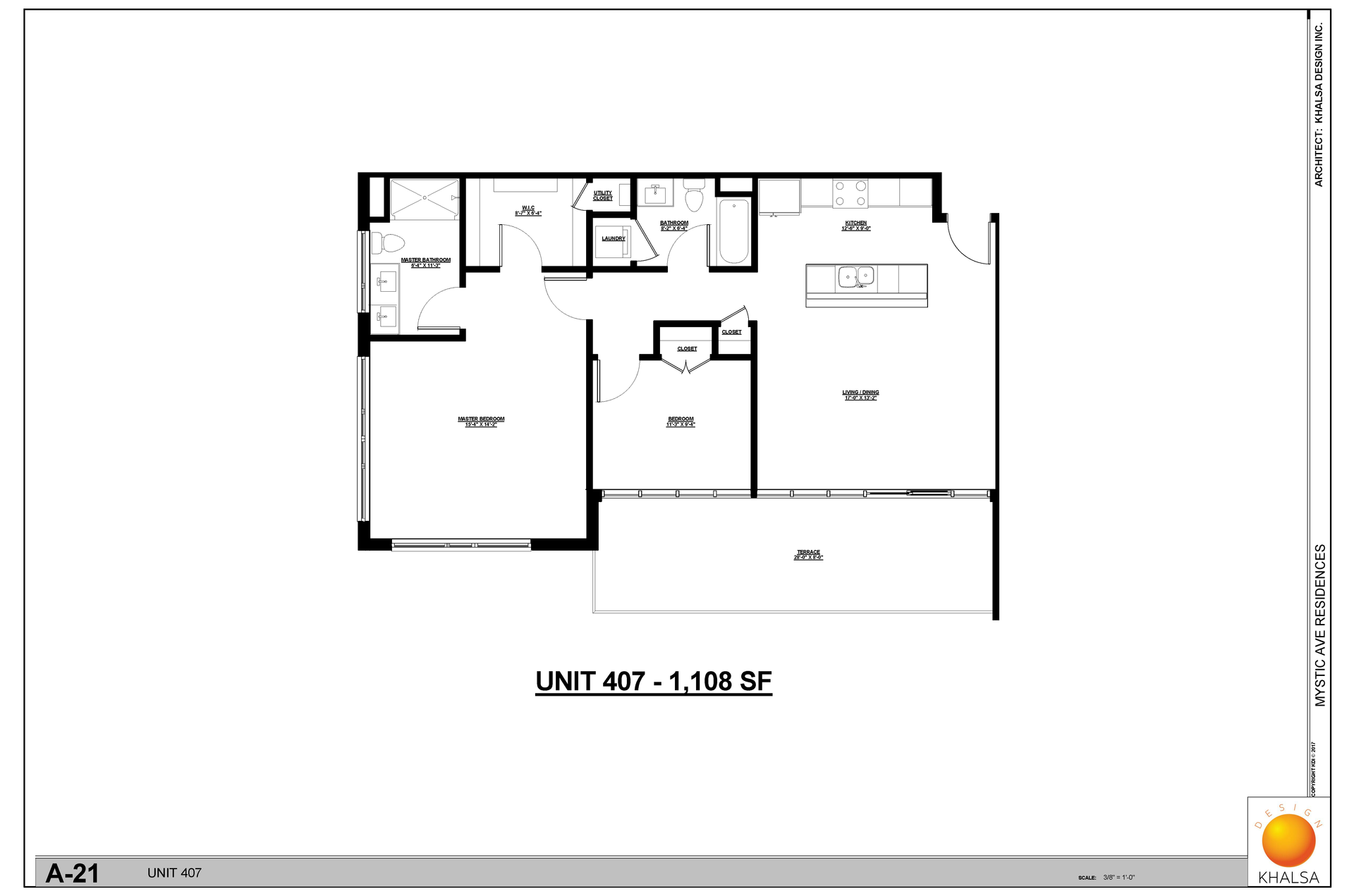 Floor plan: 2 Bed · 2 Bath
Unit 407 - 1,108 SF