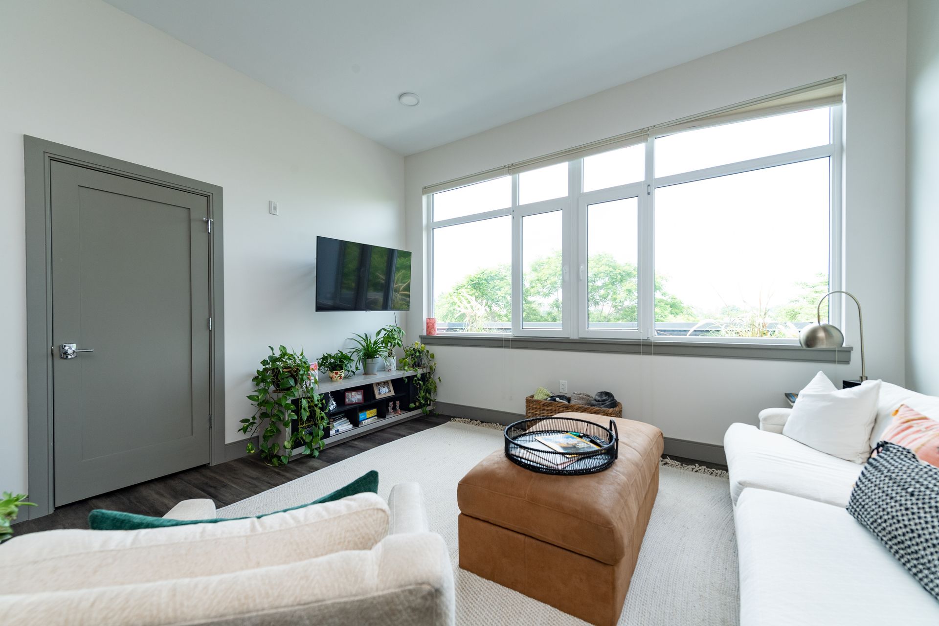 Bright living room with white sofa, brown ottoman, plants, and large window. Gray door and mounted TV.