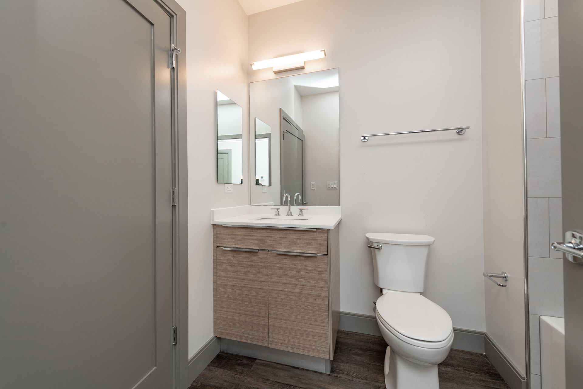 Bathroom with toilet, vanity, mirror, and gray door. Light fixtures and chrome towel rack.
