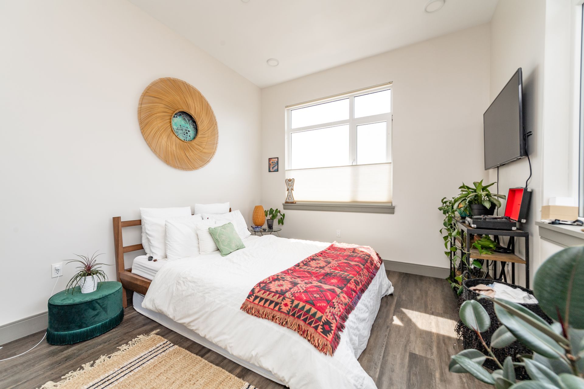 Bedroom with bed, rug, plants, TV, and decorative wall hanging.