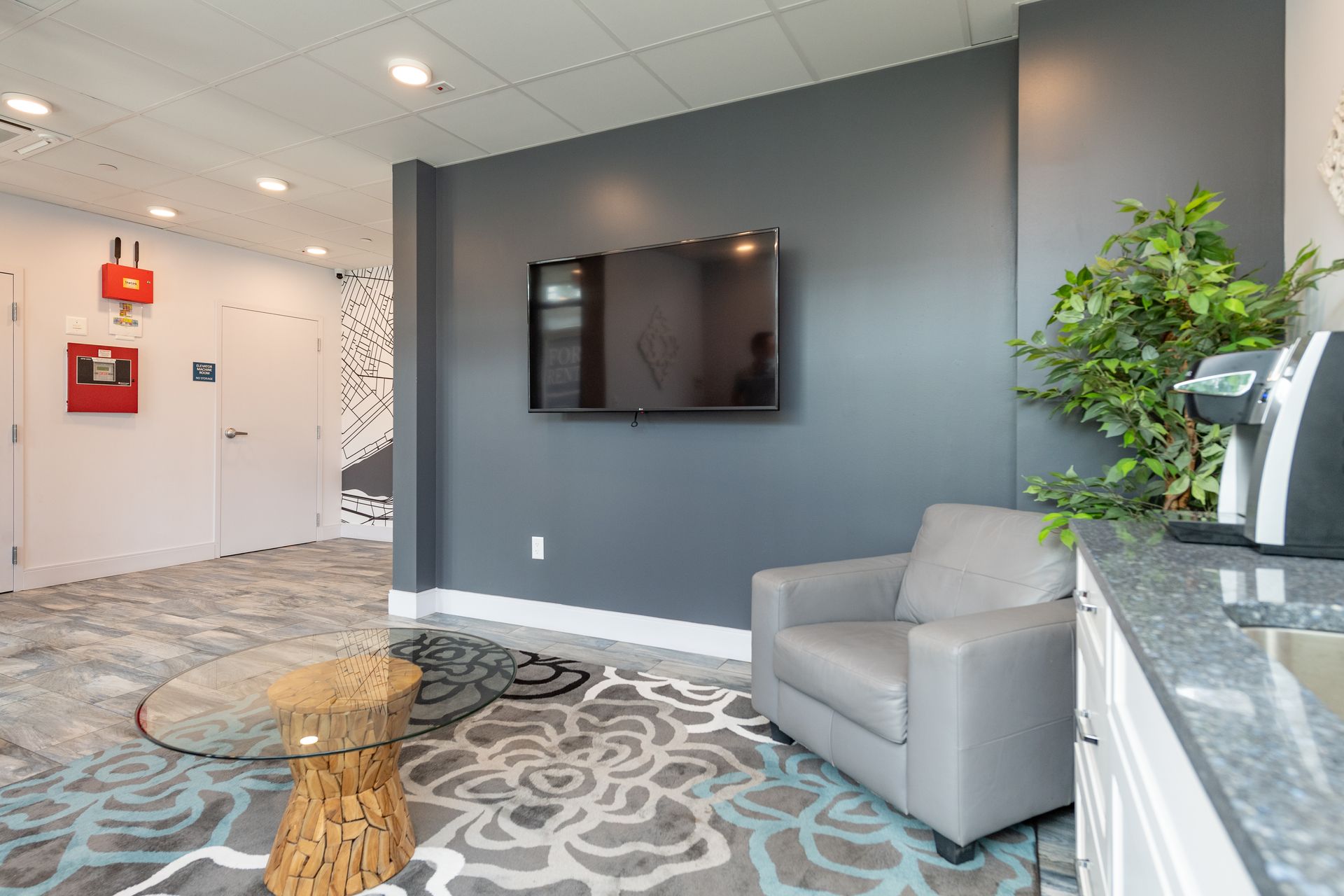 Lounge area with gray walls, TV, armchair, coffee table, and floral rug.