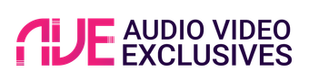 A logo for Audio Video Exclusives with a pink and purple logo.