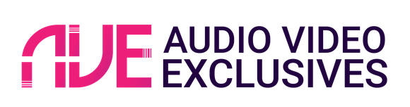 A logo for Audio Video Exclusives with a pink and purple logo.