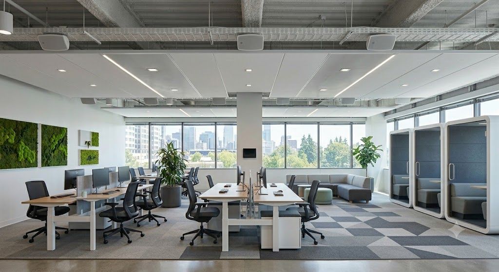 Modern open-plan office with desks, chairs, large windows, and gray carpet tiles