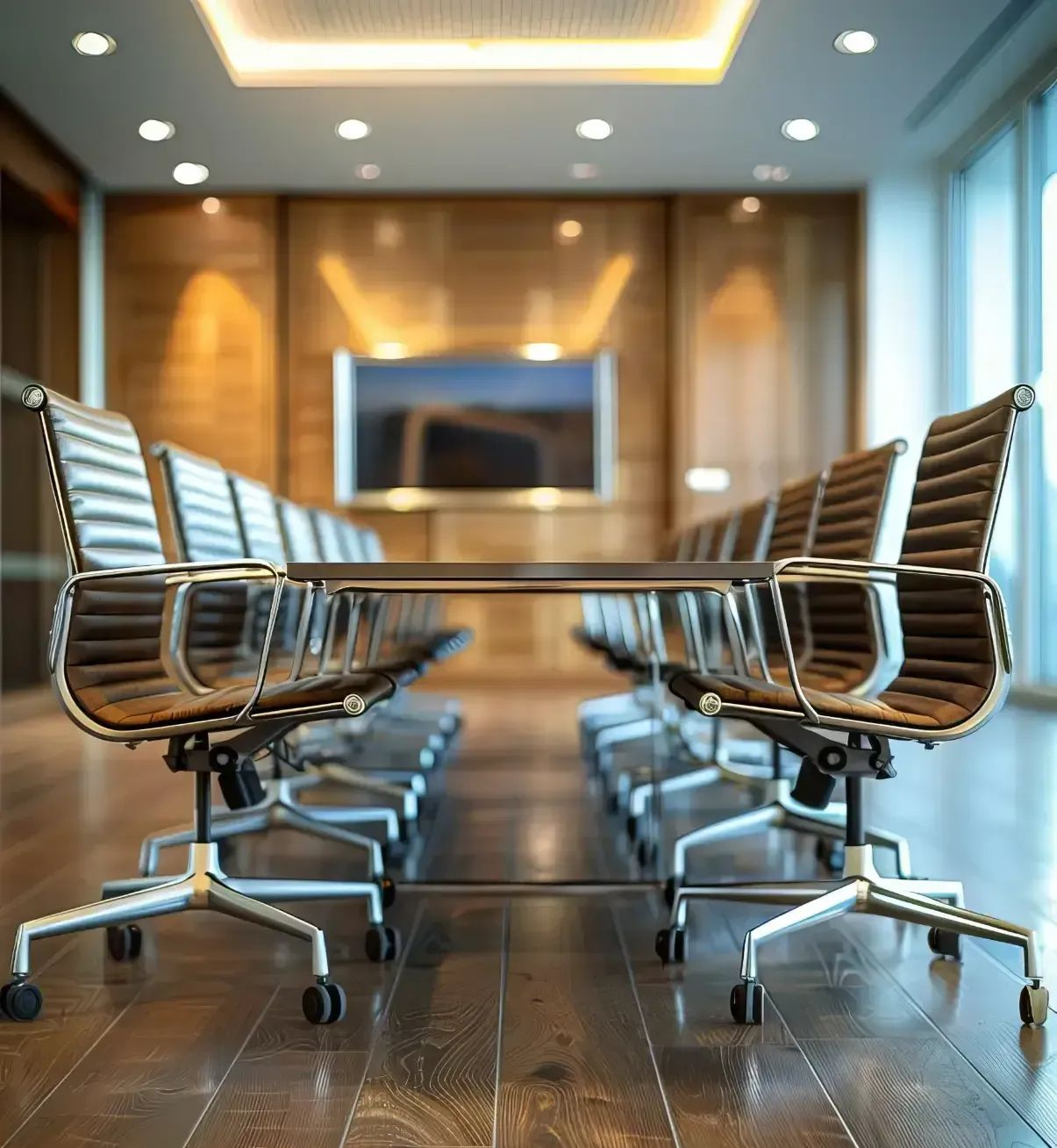 Conference room with long table and leather chairs, wood paneling, and large screen.