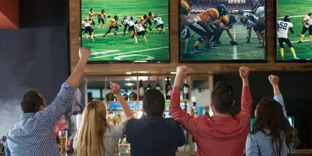 A group of people are watching a football game on television.
