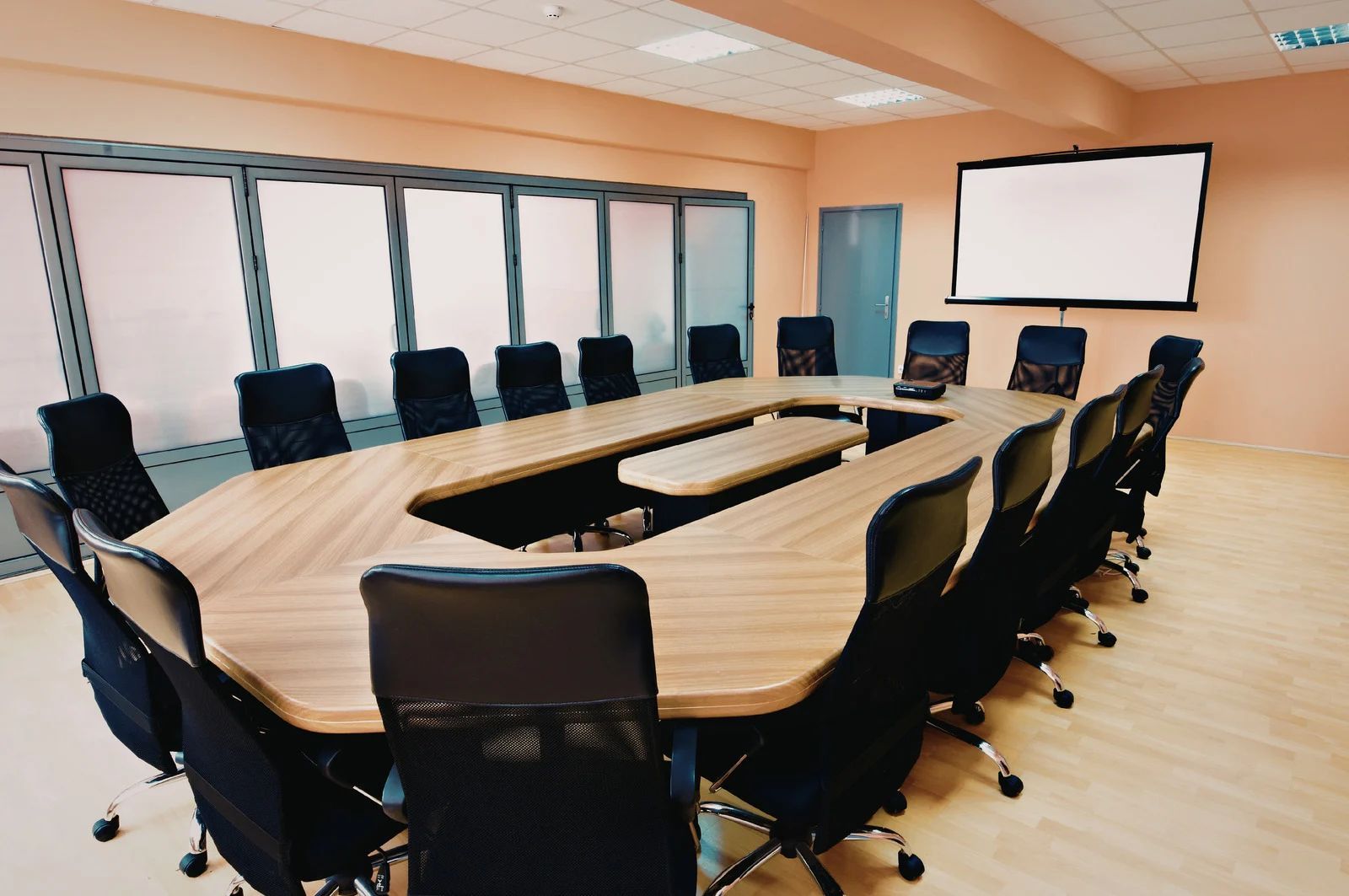 Modern conference room with oval table, black chairs, and a wall-mounted projection screen