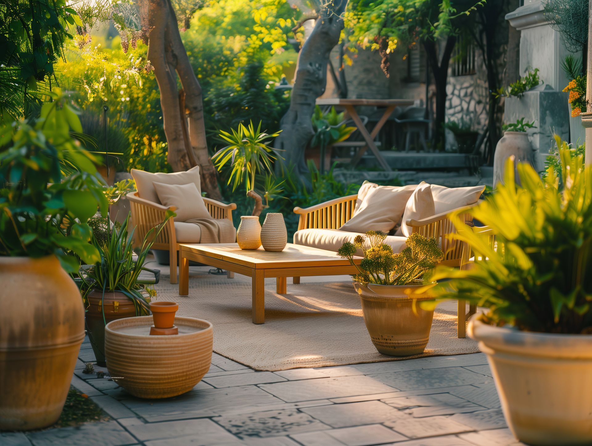 Sunny patio garden with wicker chairs, wooden coffee table, and potted plants under trees