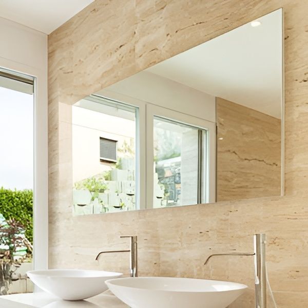 A Bathroom With Two Sinks and a Large Mirror — Maryborough Bay Glass & Aluminium in Maryborough, QLD