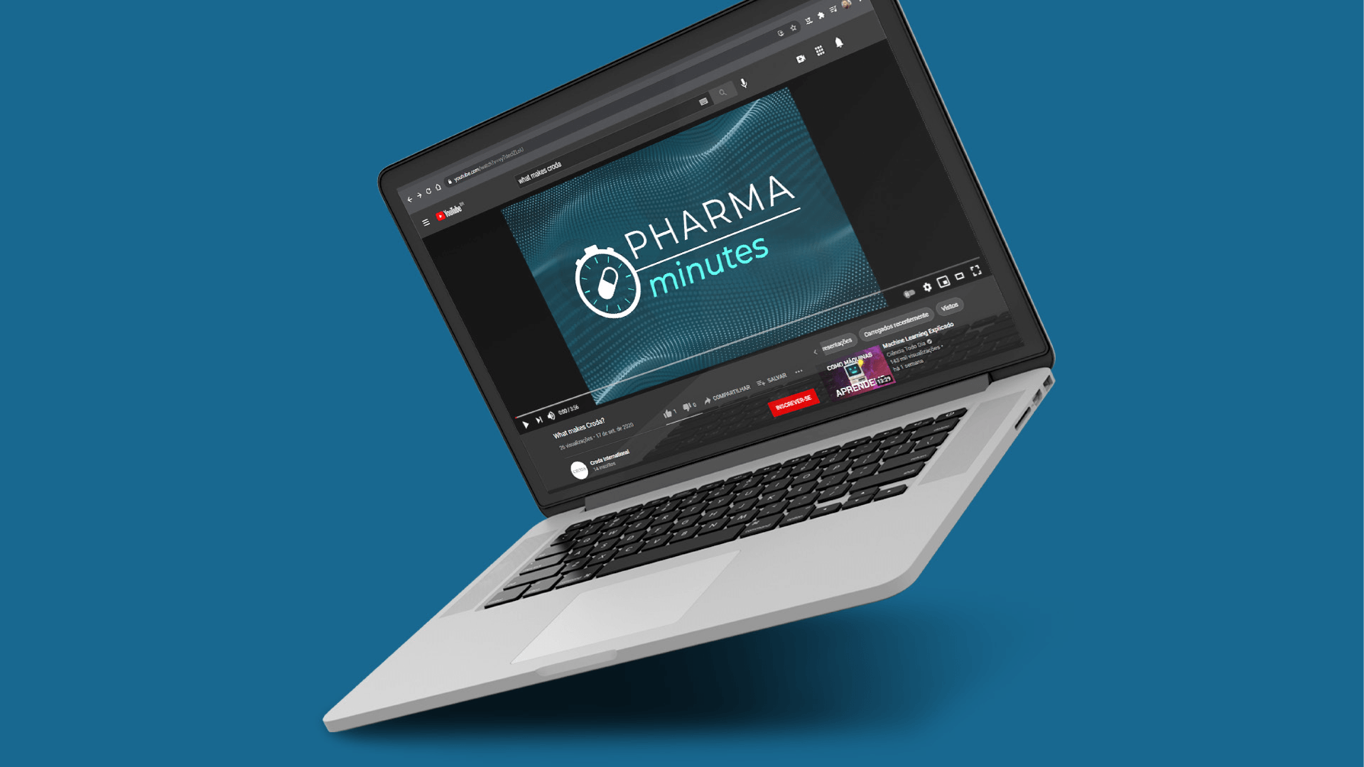 Um laptop está flutuando no ar sobre um fundo azul.