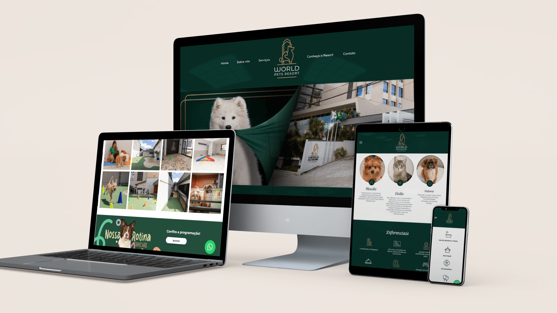 Um computador, laptop, tablet e telefone estão exibindo um site.