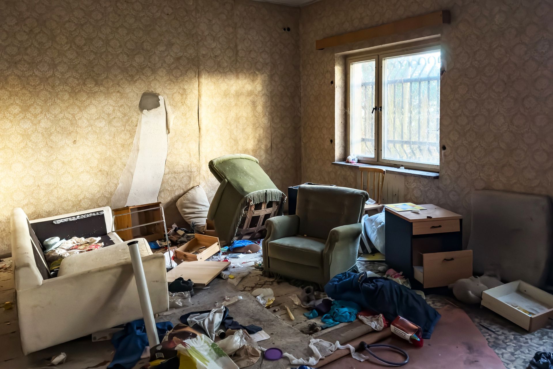 Room full of clutter and trash