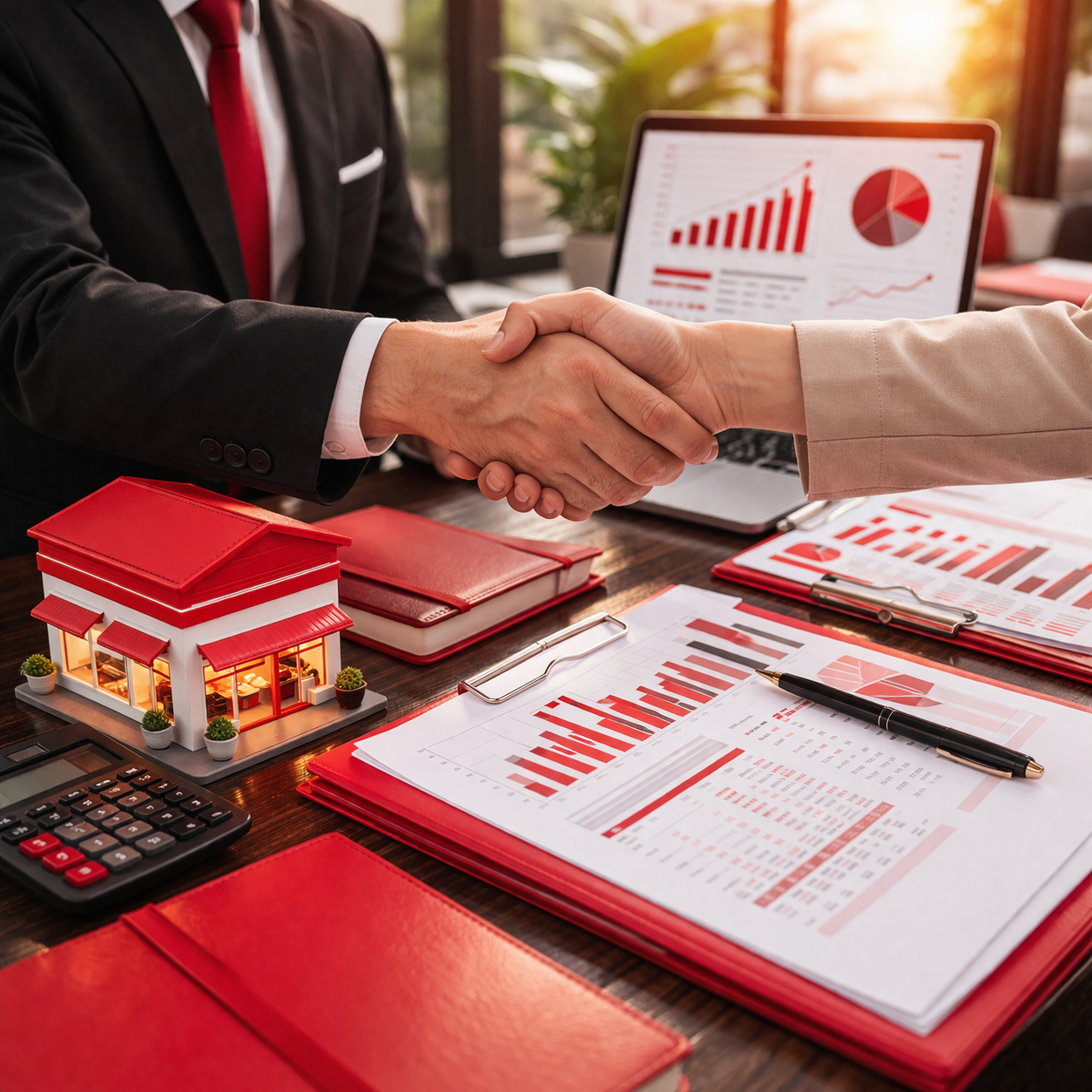 red themed mortgage professional shaking hands with customer