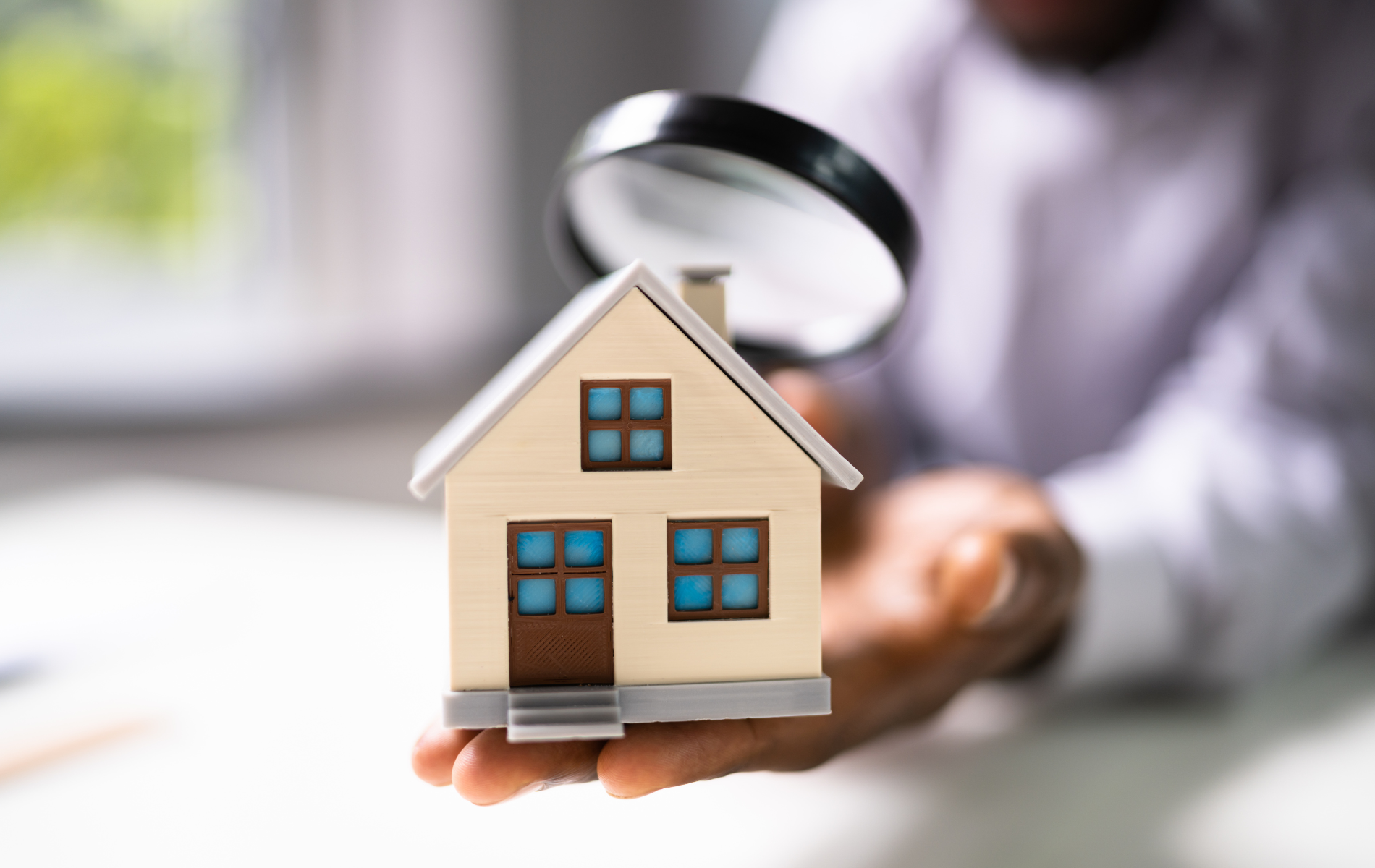 A person is holding a model house and a magnifying glass.