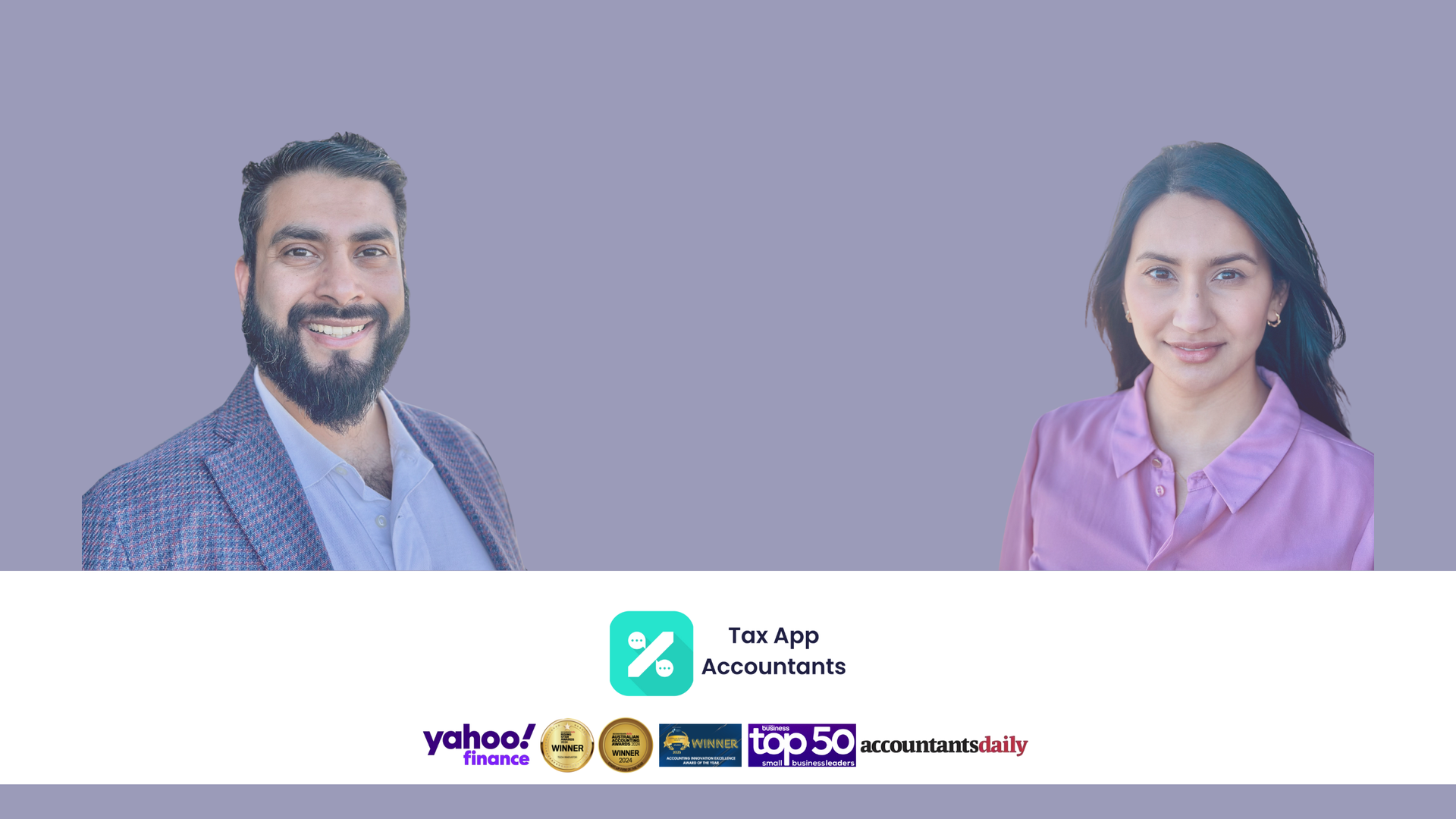 Two people on a purple background; logos for Tax App Accountants and media outlets are at the bottom.