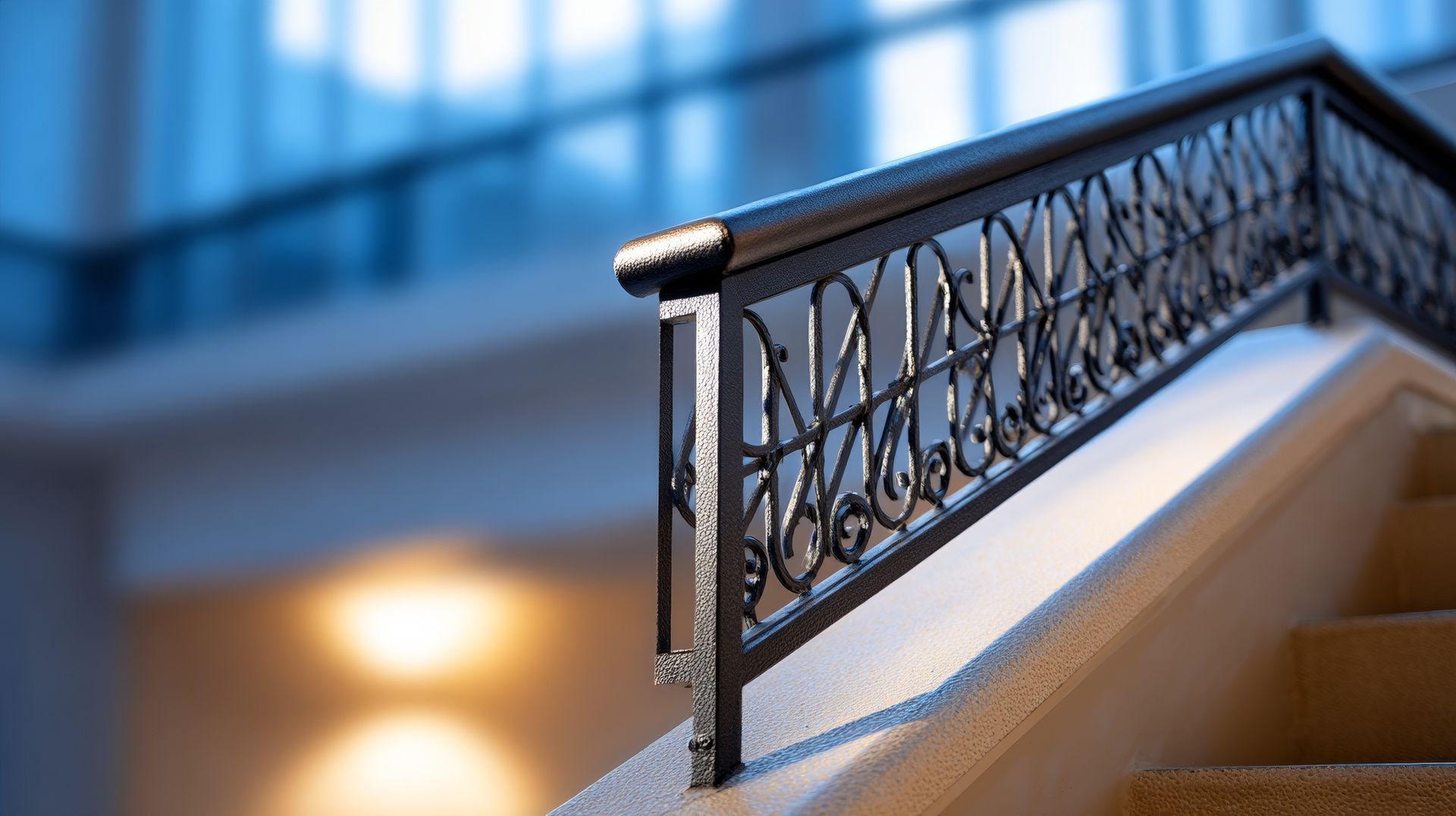 Elegant wrought iron staircase handrail provided by custom railing services for luxury interiors.