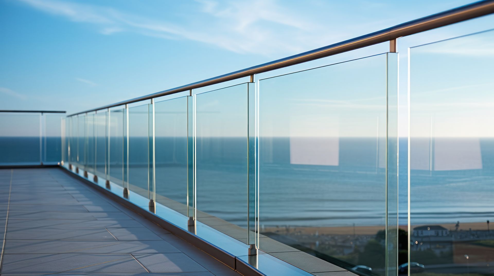 Glass balcony railing overlooking the ocean, with clear panels, metal posts, and a coastal view.