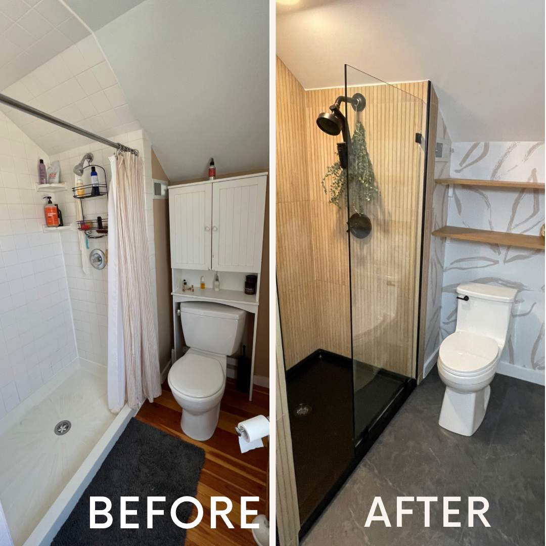 Bathroom renovation comparison: Before (dated) to after (modern). New shower, wood paneling, and gray flooring.