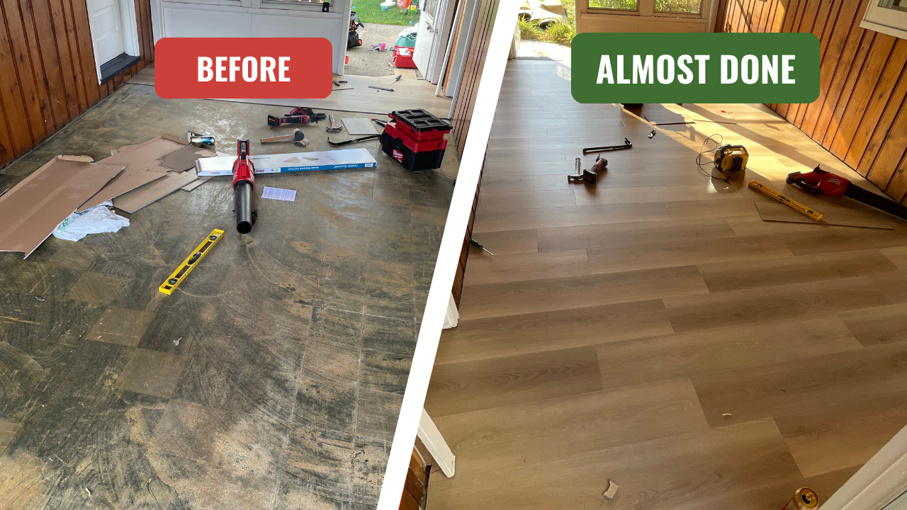 Before and almost done view of floor; installation progress. Brown flooring and tools.