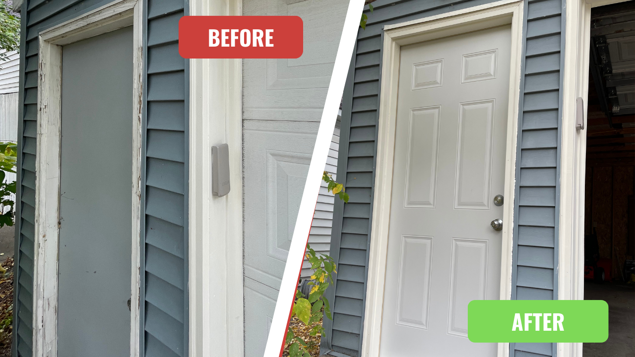 Before and after comparison of a white door against blue siding; the 