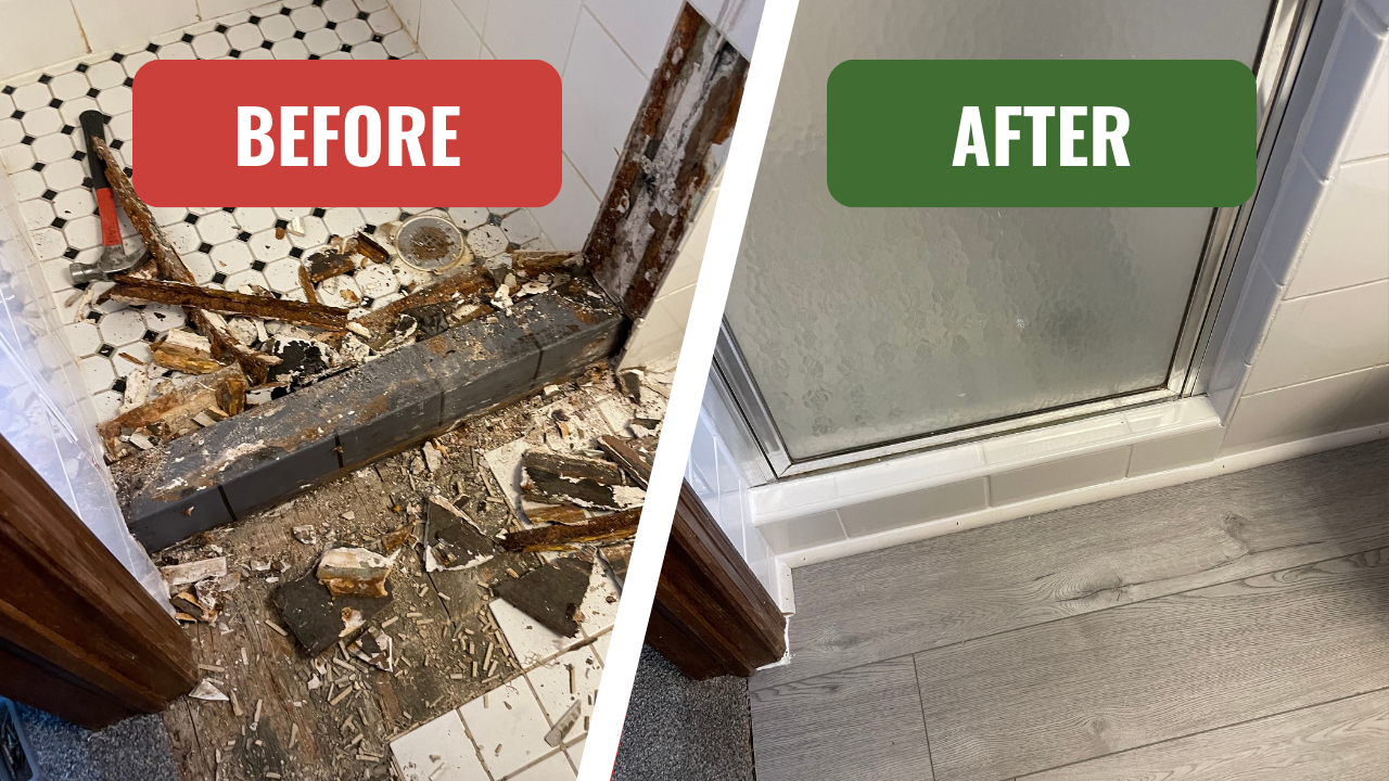 Bathroom renovation before and after. Left: debris and damaged tile. Right: new shower and floor.