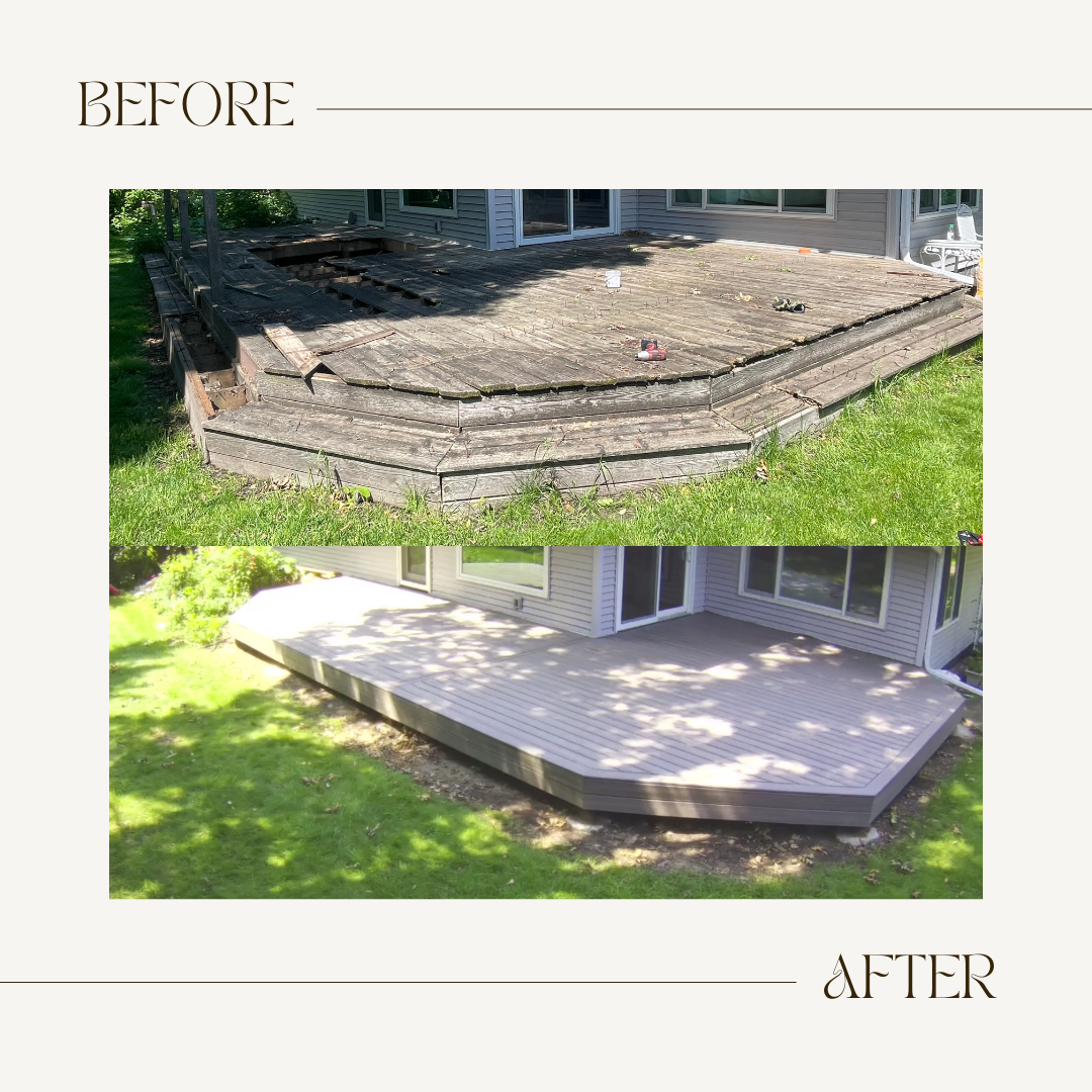 Before and after comparison of a deck: old, deteriorating wooden deck transformed into a new composite deck in a backyard.
