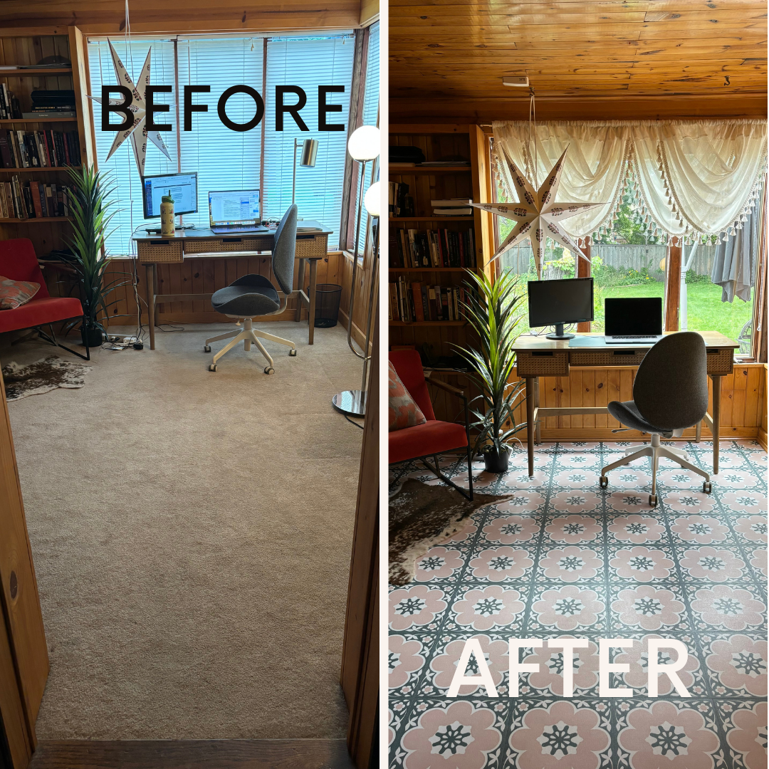Before and after of a home office: Replacing carpet with patterned tile, updating curtains, and rearranging decor.
