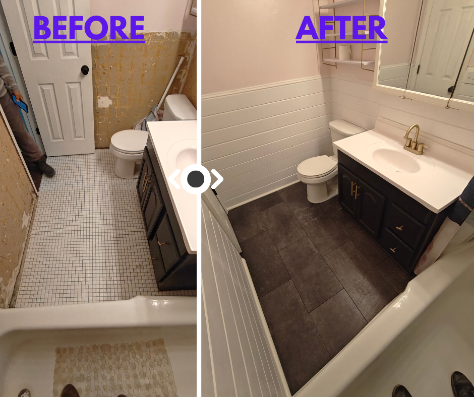 Bathroom renovation before and after. Old, damaged bathroom transforms to a modern, white and dark-brown-toned space.